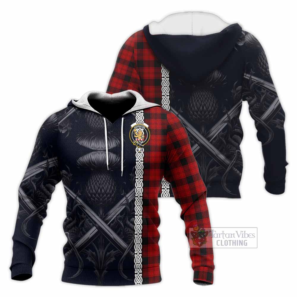 Tartan Vibes Clothing Ewing Tartan Knitted Hoodie with Family Crest Cross Sword Thistle Celtic Vibes