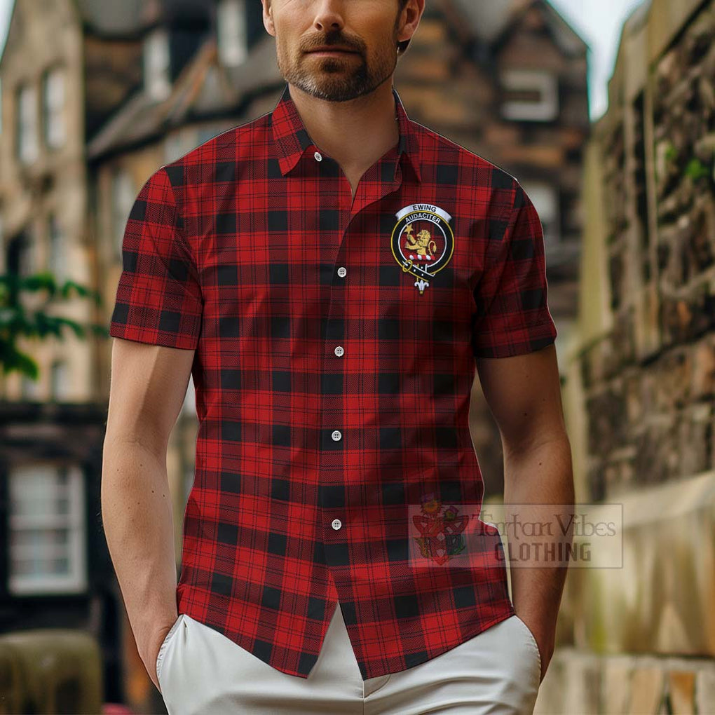 Tartan Vibes Clothing Ewing Tartan Short Sleeve Button Shirt with Family Crest and Bearded Skull Holding Bottles of Whiskey