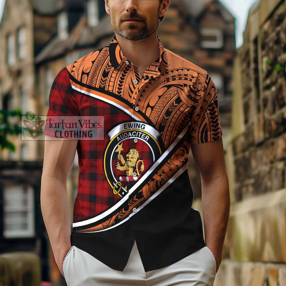 Tartan Vibes Clothing Ewing Crest Tartan Short Sleeve Button Shirt with Maori Tattoo Style - Orange Version