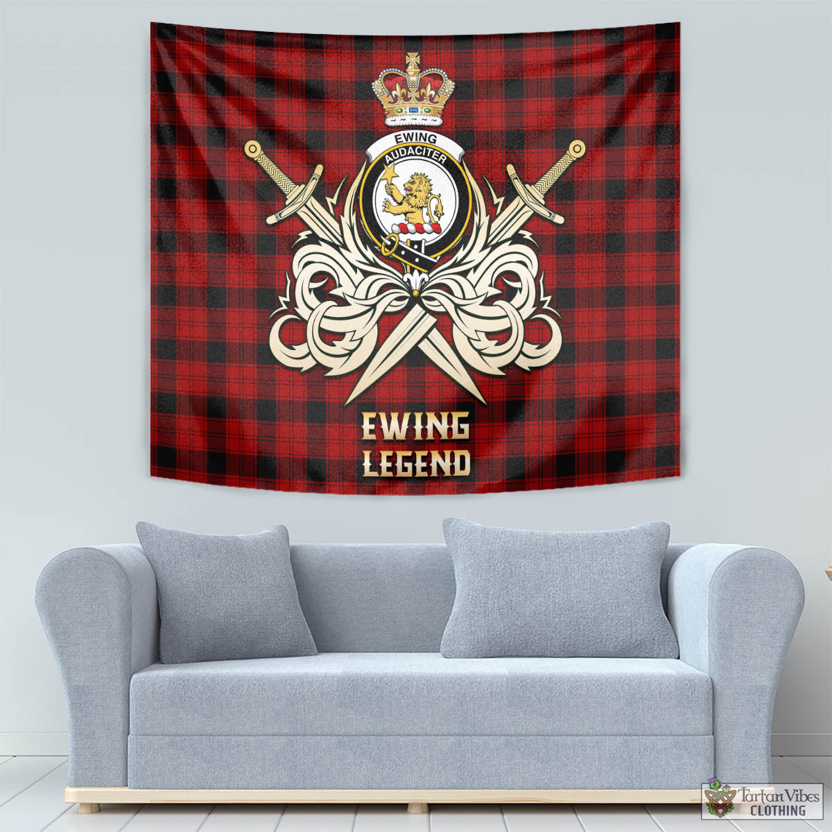 Tartan Vibes Clothing Ewing Tartan Tapestry with Clan Crest and the Golden Sword of Courageous Legacy