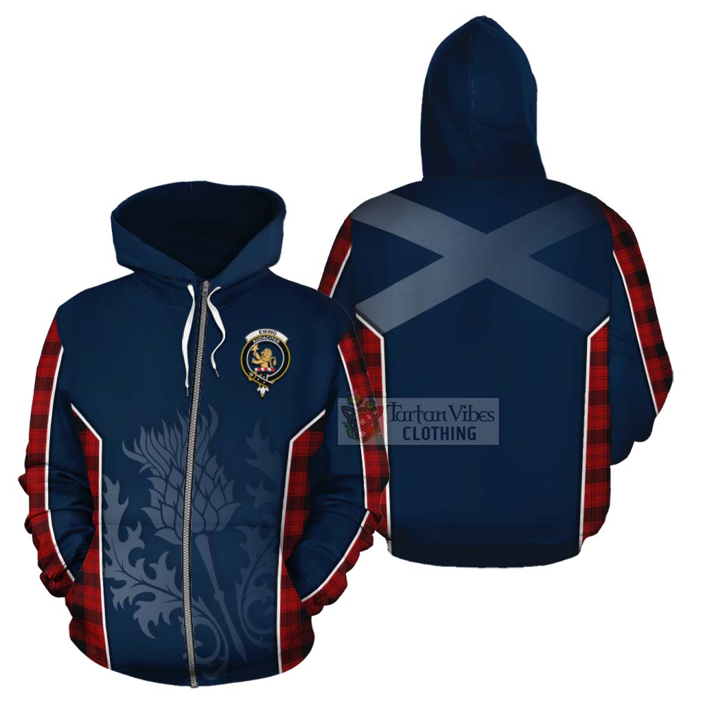 Tartan Vibes Clothing Ewing Tartan Cotton Hoodie with Family Crest and Scottish Thistle Vibes Sport Style