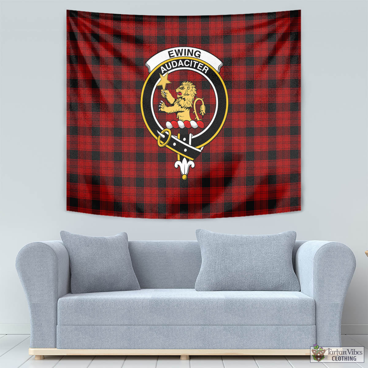 Tartan Vibes Clothing Ewing Tartan Tapestry Wall Hanging and Home Decor for Room with Family Crest