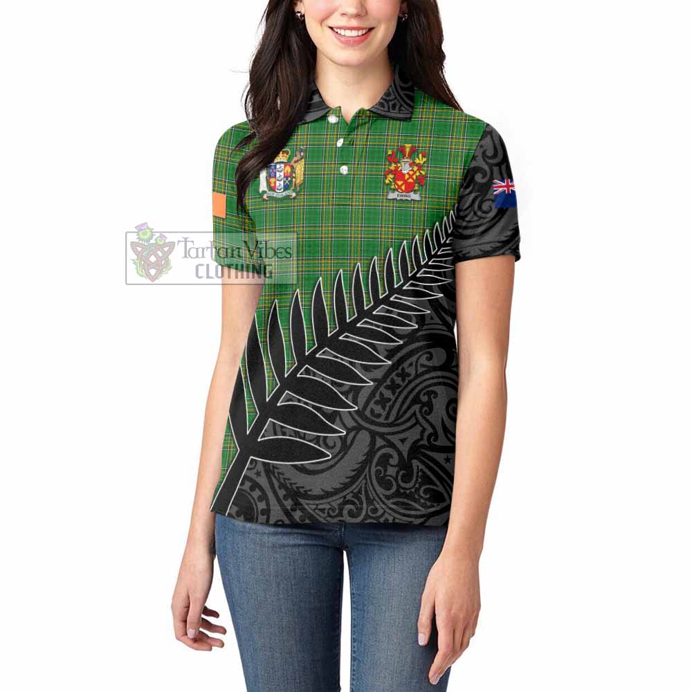 Tartan Vibes Clothing Ewing Irish Clan Tartan Women's Polo Shirt with Coat of Arms New Zealand Silver Fern Half Style