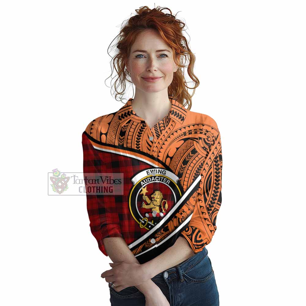 Tartan Vibes Clothing Ewing Crest Tartan Women's Casual Shirt with Maori Tattoo Style - Orange Version