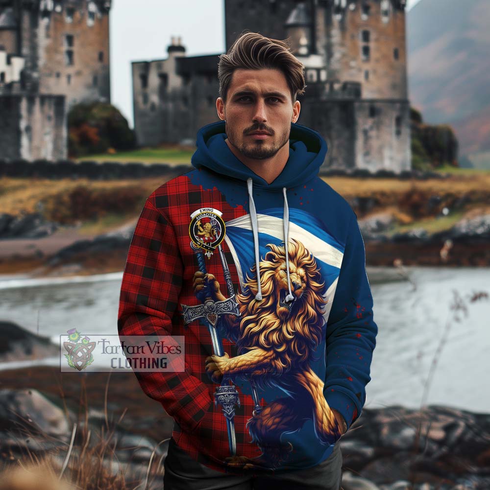 Tartan Vibes Clothing Ewing Tartan Family Crest Cotton Hoodie with Scottish Majestic Lion