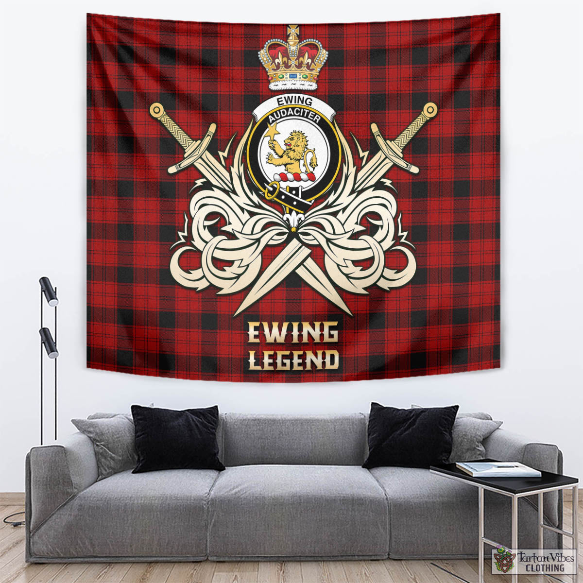 Tartan Vibes Clothing Ewing Tartan Tapestry with Clan Crest and the Golden Sword of Courageous Legacy