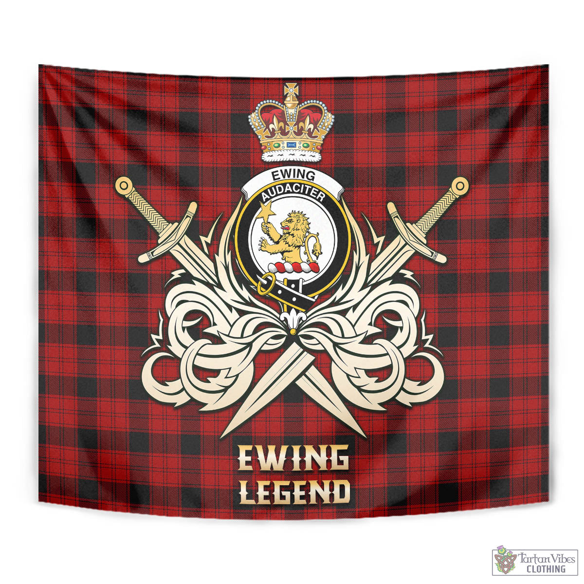 Tartan Vibes Clothing Ewing Tartan Tapestry with Clan Crest and the Golden Sword of Courageous Legacy