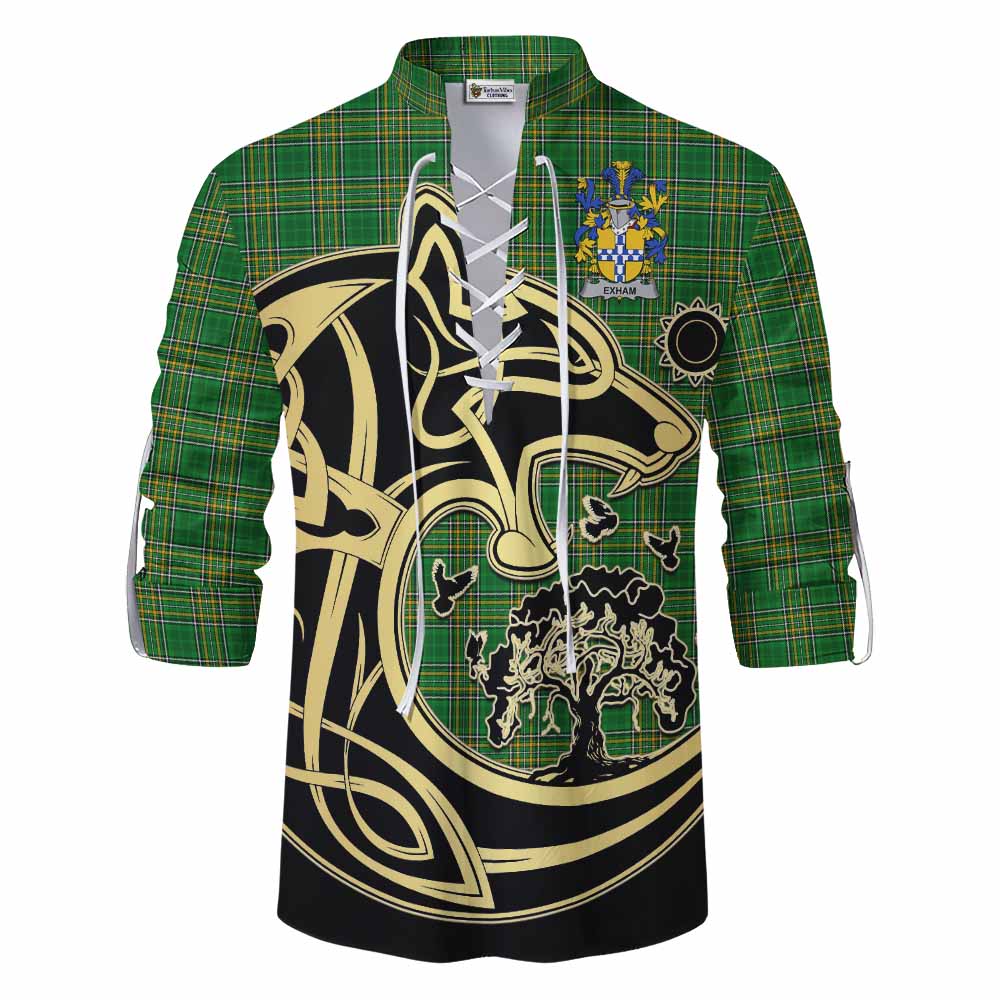 Exham Irish Tartan Ghillie Kilt Shirt with Coat of Arms Celtic Wolf Style Men - Tartan Vibes Clothing