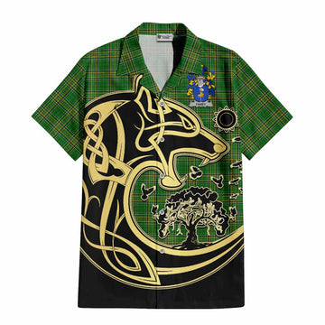 Fahey Irish Tartan Short Sleeve Button Shirt with Coat of Arms Celtic Wolf Style