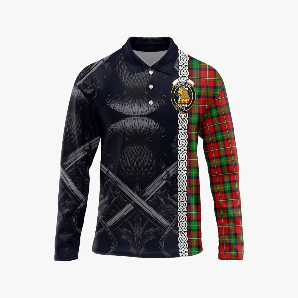 Tartan Vibes Clothing Fairlie Tartan Long Sleeve Polo Shirt with Family Crest Cross Sword Thistle Celtic Vibes