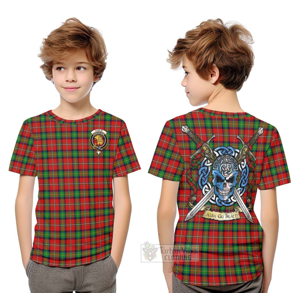 Tartan Vibes Clothing Fairlie Tartan Kid T-Shirt with Family Crest Celtic Skull Style