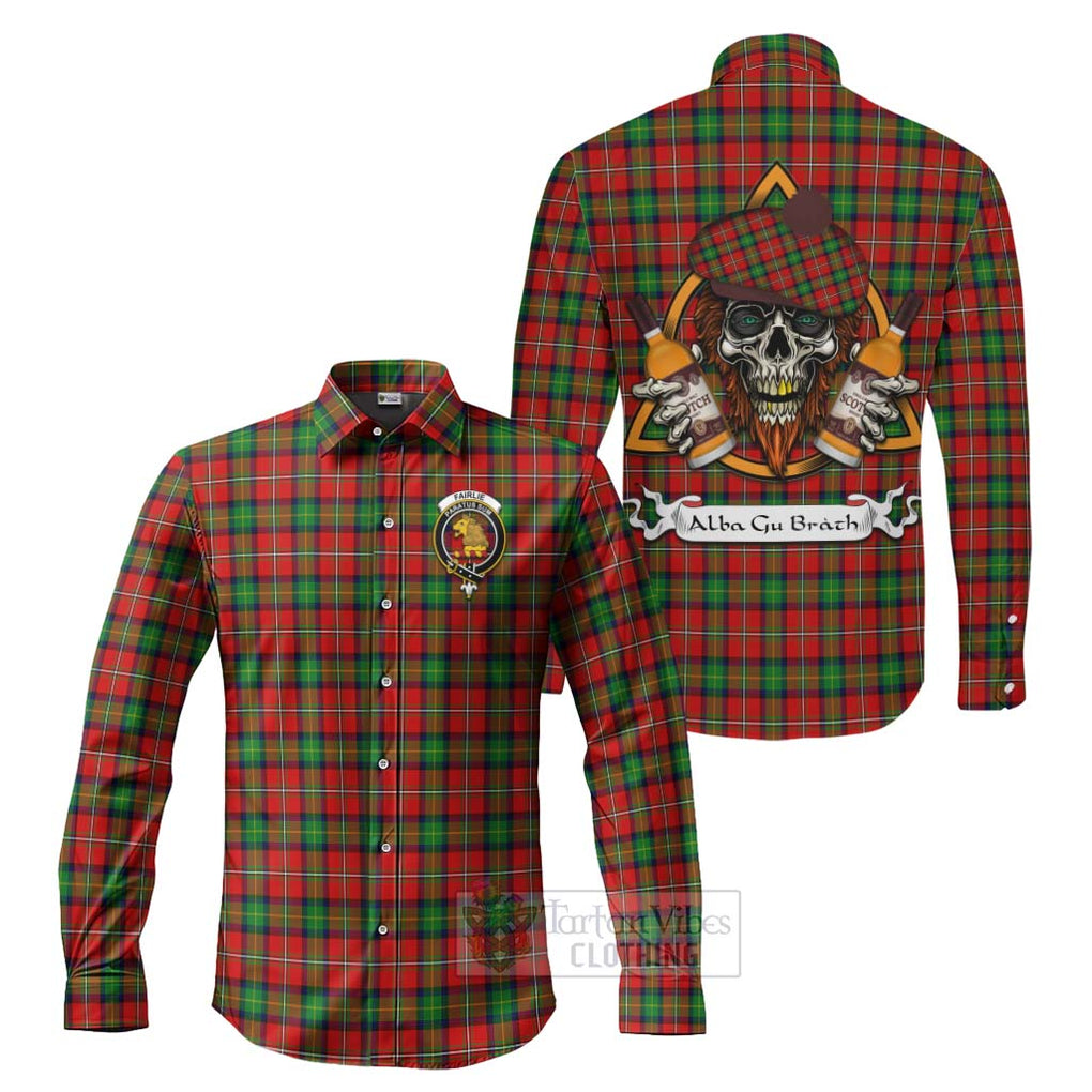 Tartan Vibes Clothing Fairlie Tartan Long Sleeve Button Shirt with Family Crest and Bearded Skull Holding Bottles of Whiskey