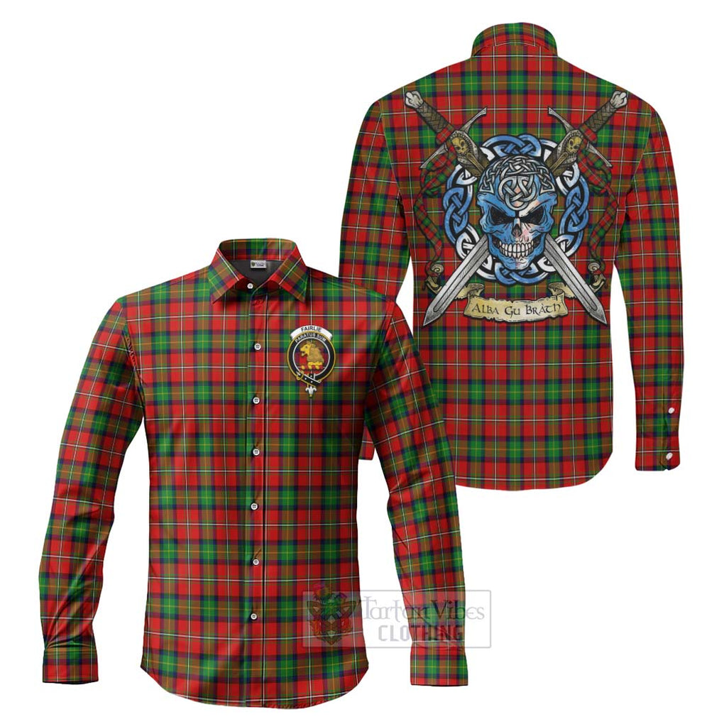 Tartan Vibes Clothing Fairlie Tartan Long Sleeve Button Shirt with Family Crest Celtic Skull Style