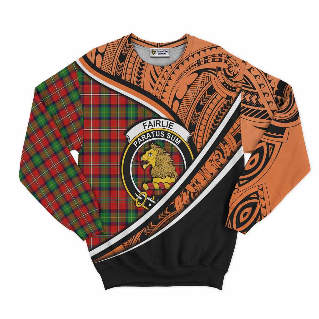 Tartan Vibes Clothing Fairlie Crest Tartan Sweatshirt with Maori Tattoo Style - Orange Version