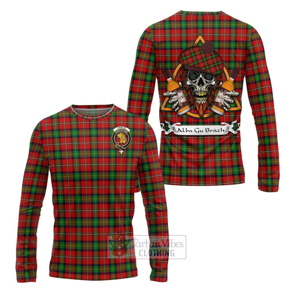 Tartan Vibes Clothing Fairlie Tartan Long Sleeve T-Shirt with Family Crest and Bearded Skull Holding Bottles of Whiskey