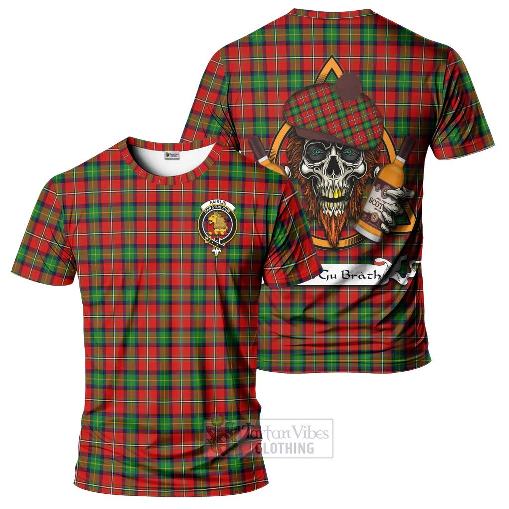 Tartan Vibes Clothing Fairlie Tartan T-Shirt with Family Crest and Bearded Skull Holding Bottles of Whiskey