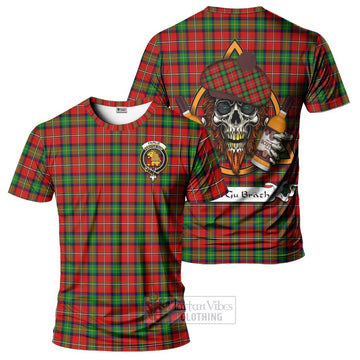 Fairlie Tartan T-Shirt with Family Crest and Bearded Skull Holding Bottles of Whiskey