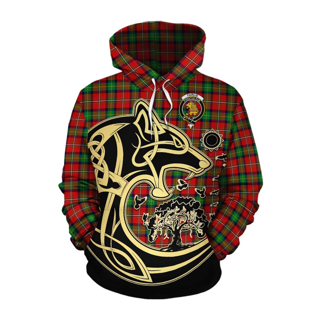 Tartan Vibes Clothing Fairlie Tartan Cotton Hoodie with Family Crest Celtic Wolf Style