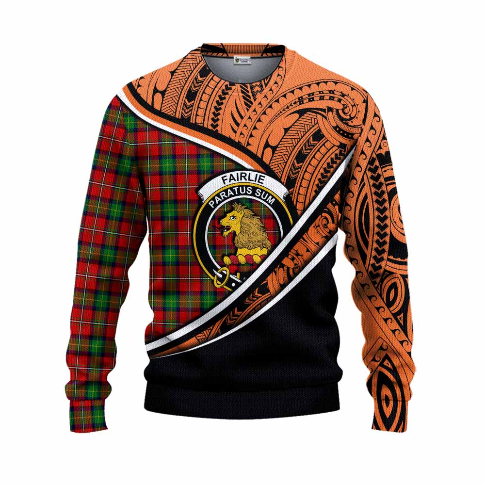 Tartan Vibes Clothing Fairlie Crest Tartan Knitted Sweater with Maori Tattoo Style - Orange Version