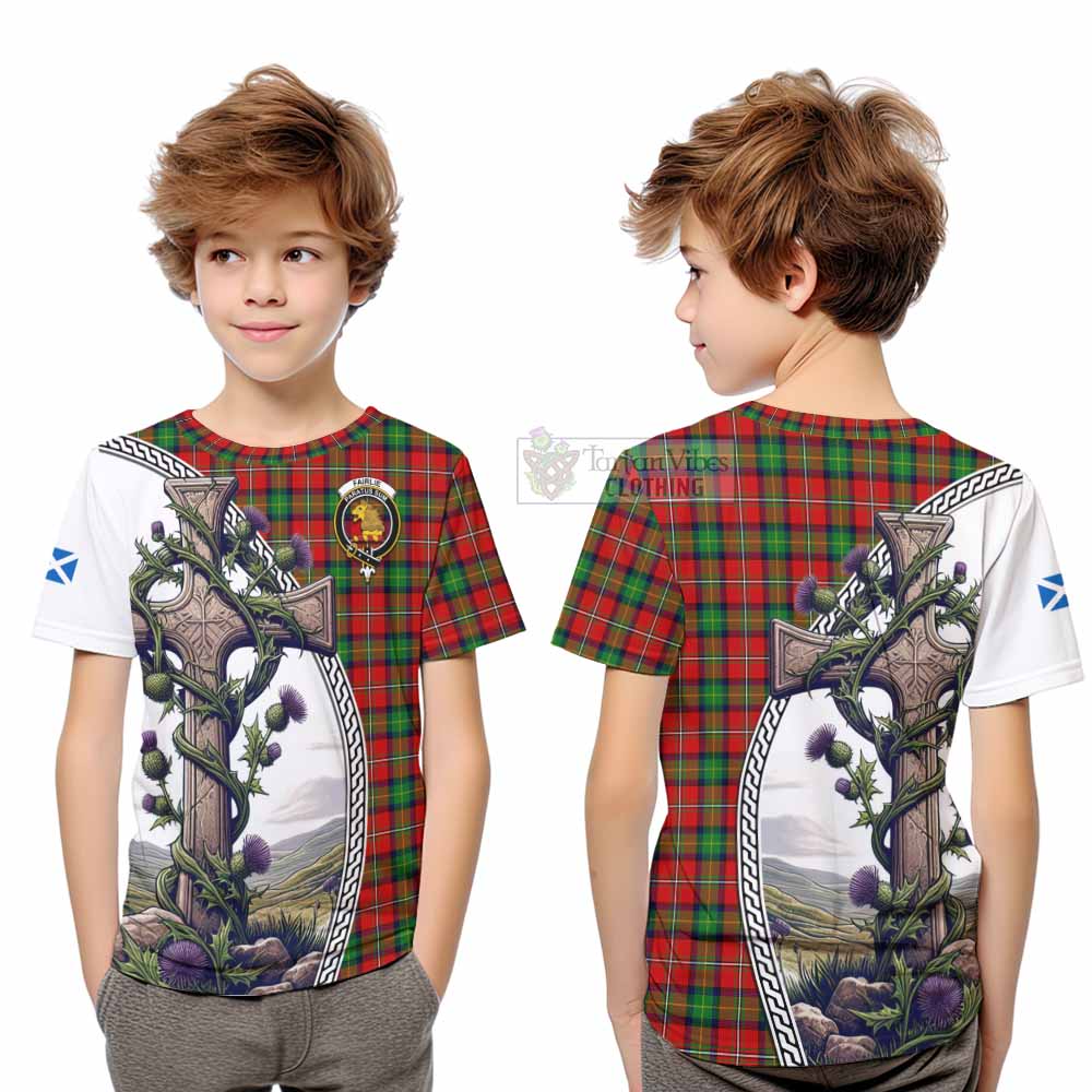 Tartan Vibes Clothing Fairlie Tartan Kid T-Shirt with Family Crest and St. Andrew's Cross Accented by Thistle Vines