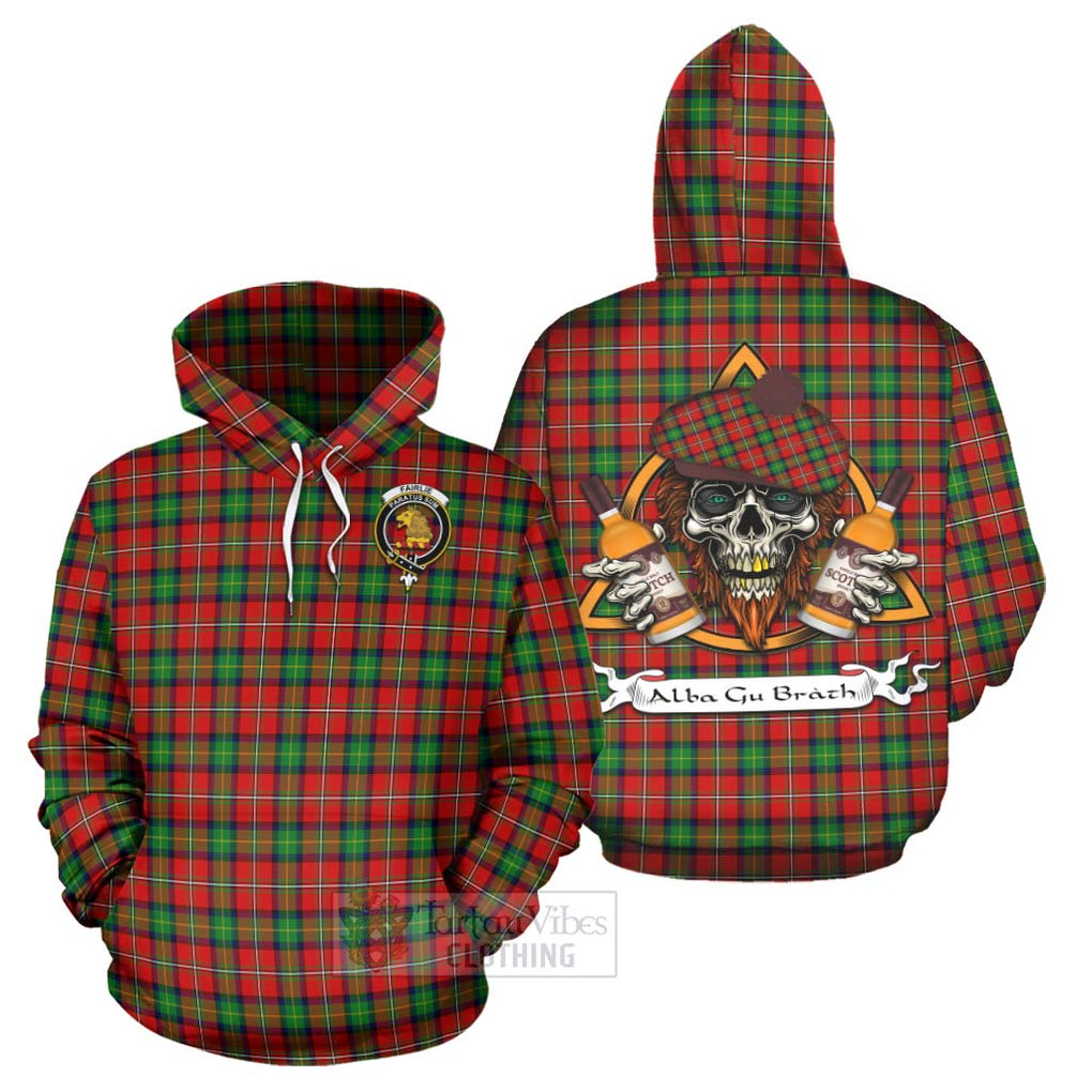 Tartan Vibes Clothing Fairlie Tartan Hoodie with Family Crest and Bearded Skull Holding Bottles of Whiskey