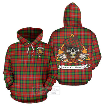 Fairlie Tartan Hoodie with Family Crest and Bearded Skull Holding Bottles of Whiskey