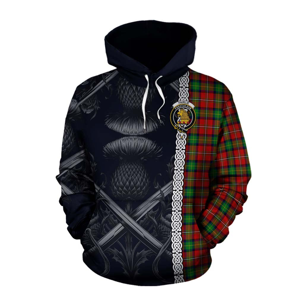 Tartan Vibes Clothing Fairlie Tartan Cotton Hoodie with Family Crest Cross Sword Thistle Celtic Vibes