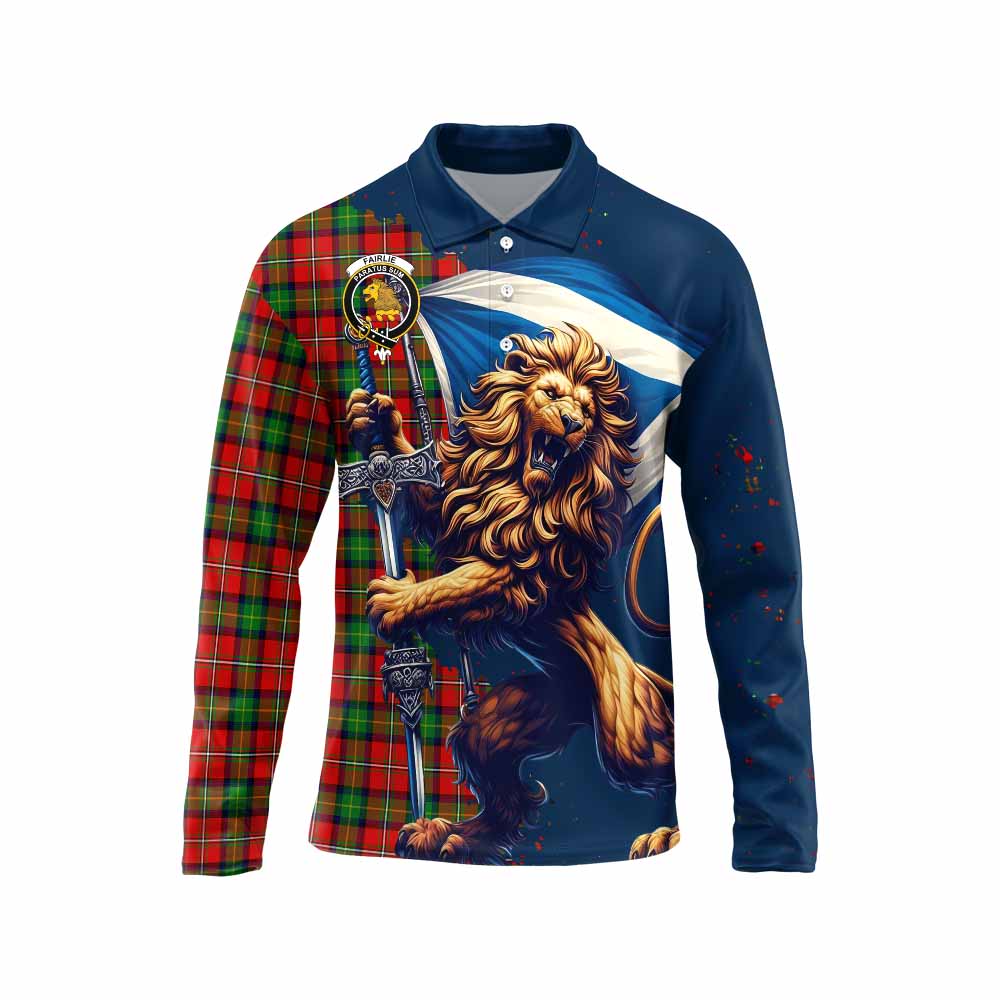 Tartan Vibes Clothing Fairlie Tartan Family Crest Long Sleeve Polo Shirt with Scottish Majestic Lion