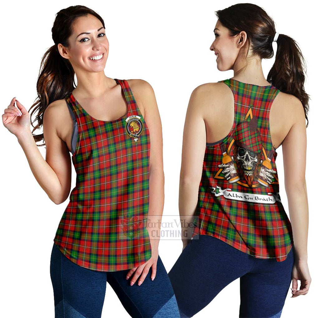 Tartan Vibes Clothing Fairlie Tartan Women's Racerback Tanks with Family Crest and Bearded Skull Holding Bottles of Whiskey