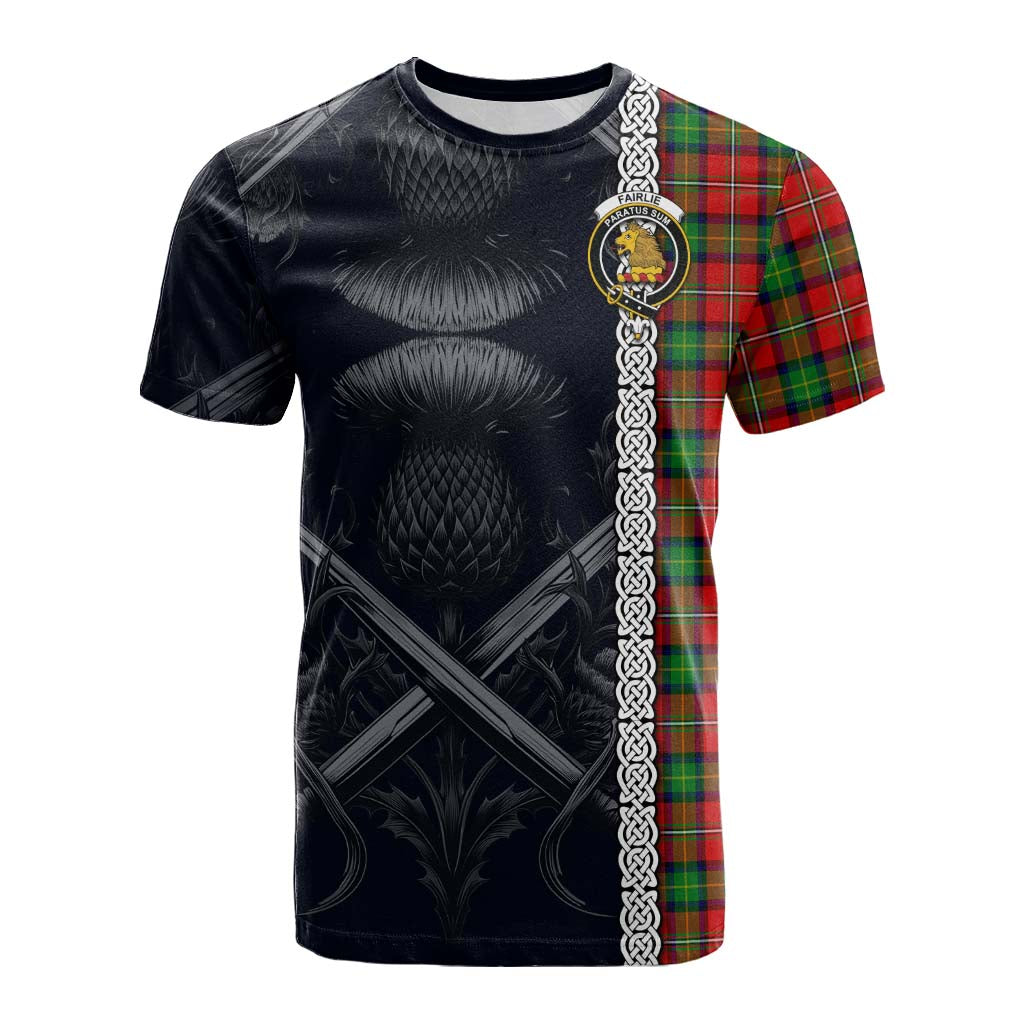 Tartan Vibes Clothing Fairlie Tartan Cotton T-shirt with Family Crest Cross Sword Thistle Celtic Vibes