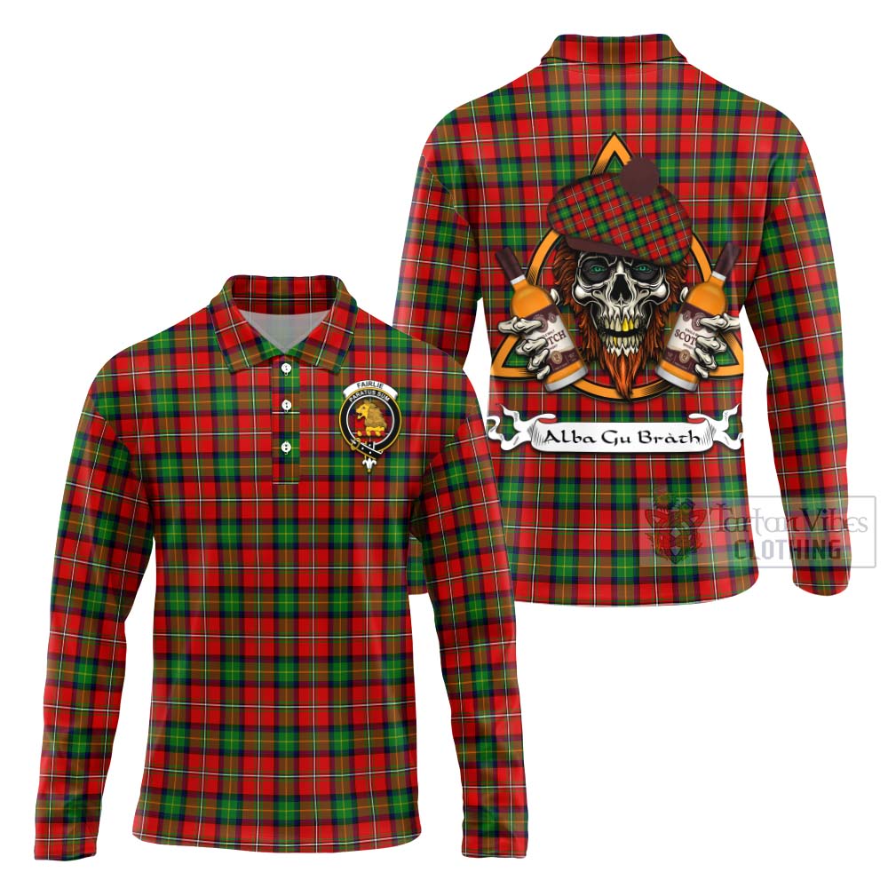 Tartan Vibes Clothing Fairlie Tartan Long Sleeve Polo Shirt with Family Crest and Bearded Skull Holding Bottles of Whiskey