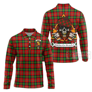 Fairlie Tartan Long Sleeve Polo Shirt with Family Crest and Bearded Skull Holding Bottles of Whiskey