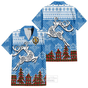 Fairlie Clan Christmas Short Sleeve Button Shirt Celtic Reindeer Style