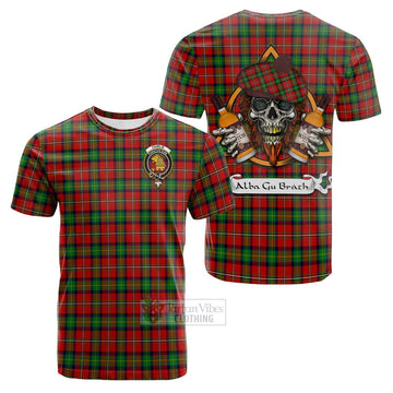 Fairlie Tartan Cotton T-shirt with Family Crest and Bearded Skull Holding Bottles of Whiskey