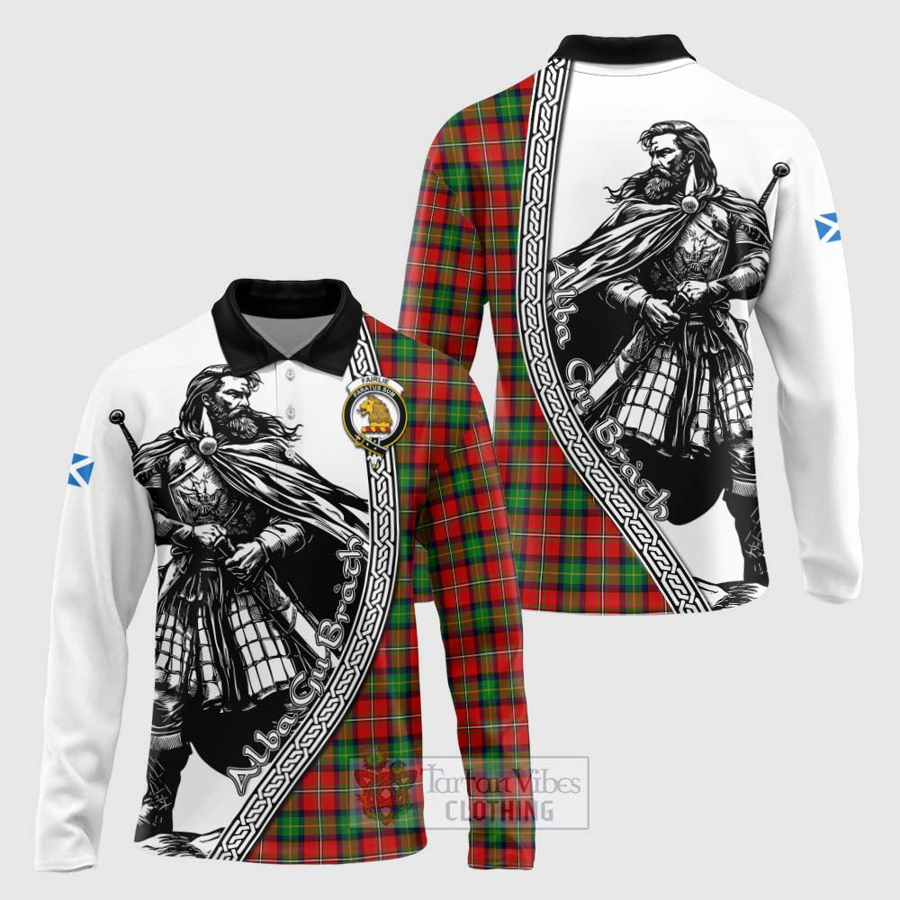 Tartan Vibes Clothing Fairlie Tartan Clan Crest Long Sleeve Polo Shirt with Highlander Warrior Celtic Style