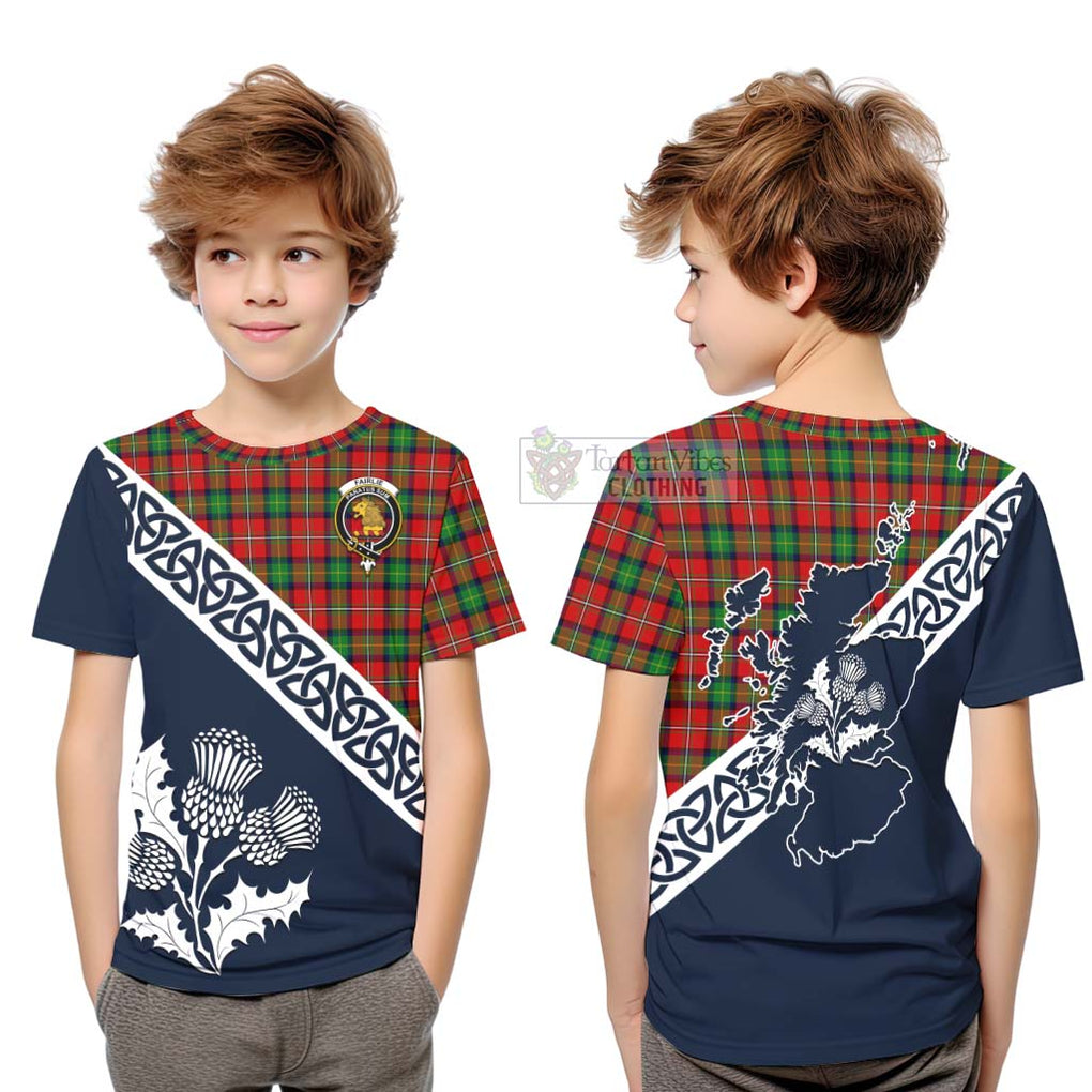 Tartan Vibes Clothing Fairlie Tartan Kid T-Shirt Featuring Thistle and Scotland Map