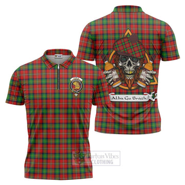 Fairlie Tartan Zipper Polo Shirt with Family Crest and Bearded Skull Holding Bottles of Whiskey