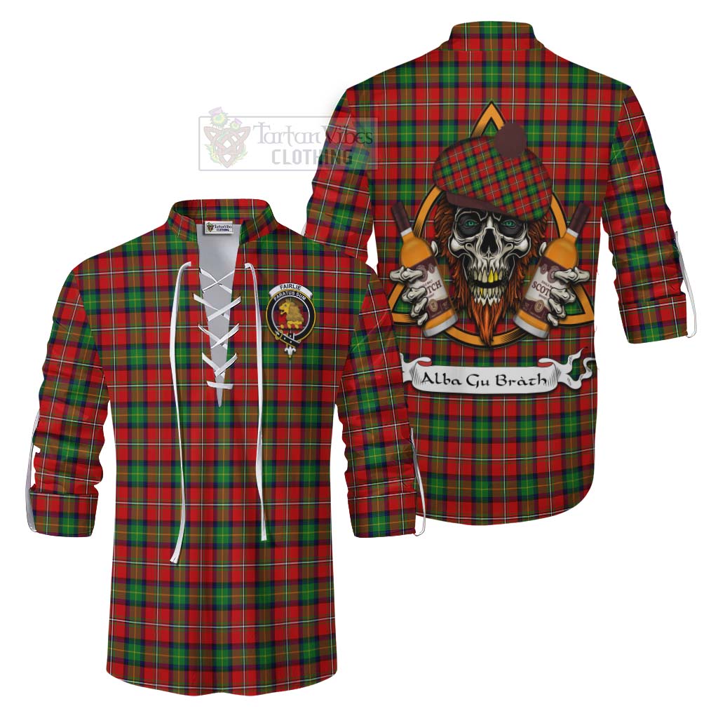 Tartan Vibes Clothing Fairlie Tartan Ghillie Kilt Shirt with Family Crest and Bearded Skull Holding Bottles of Whiskey