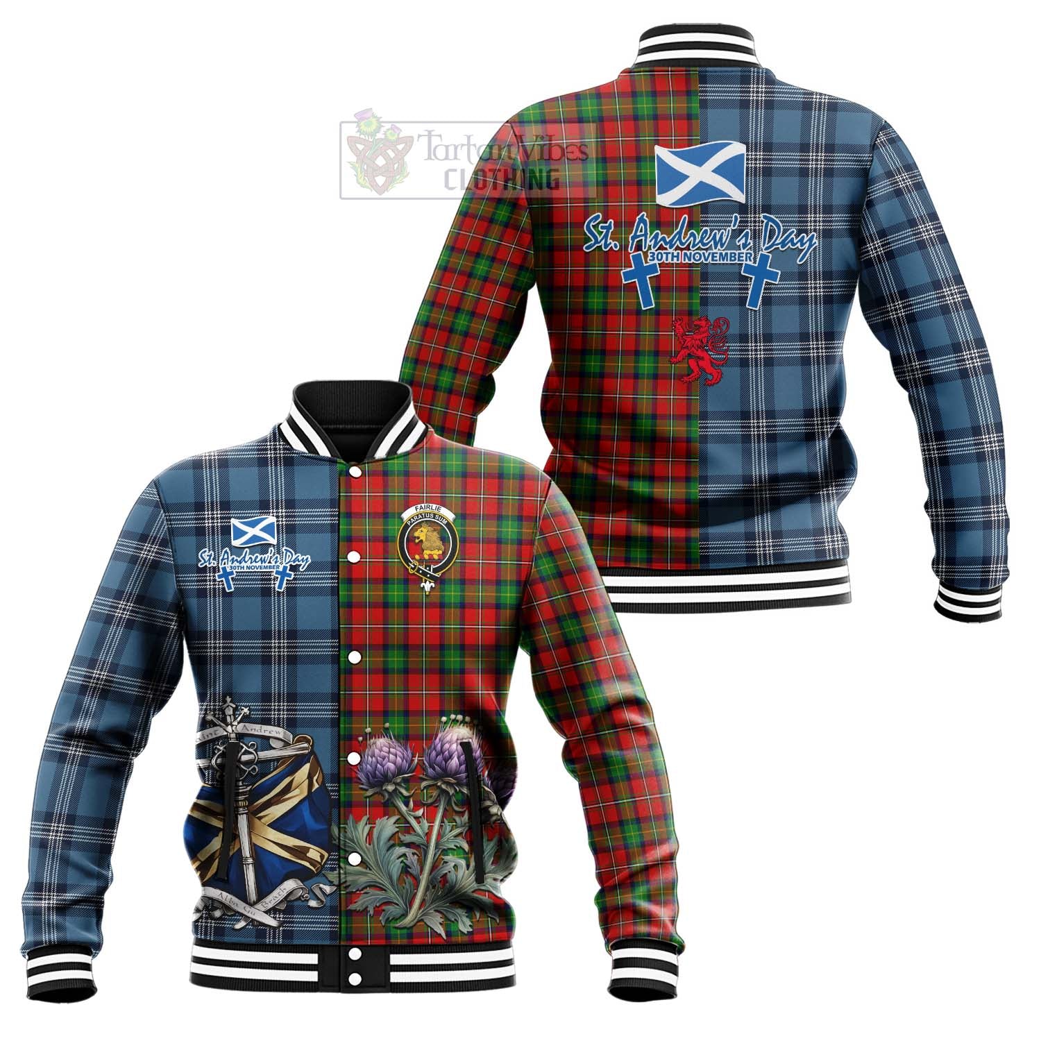 Tartan Vibes Clothing Fairlie Tartan Baseball Jacket Happy St. Andrew's Day Half Tartan Style