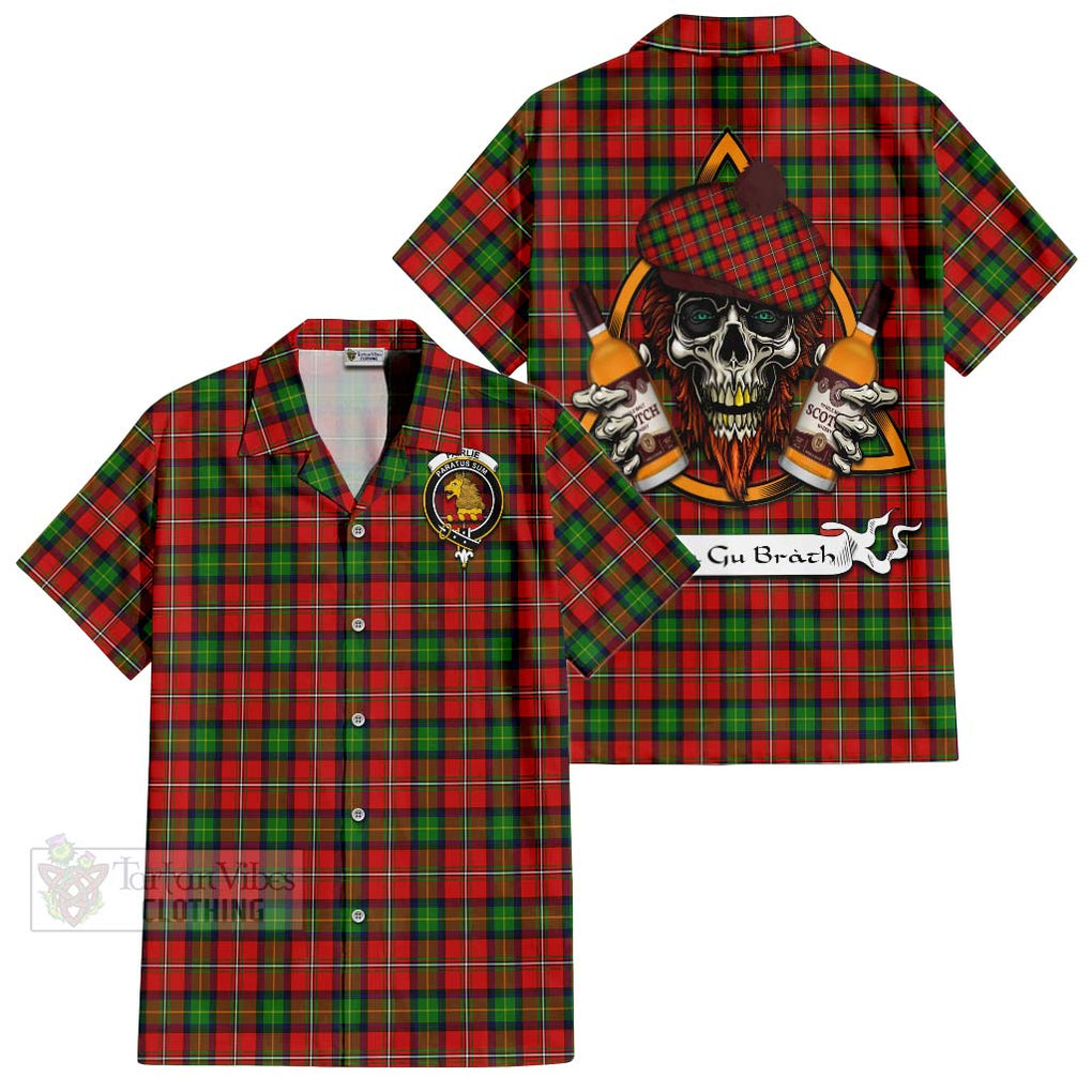 Tartan Vibes Clothing Fairlie Tartan Short Sleeve Button Shirt with Family Crest and Bearded Skull Holding Bottles of Whiskey