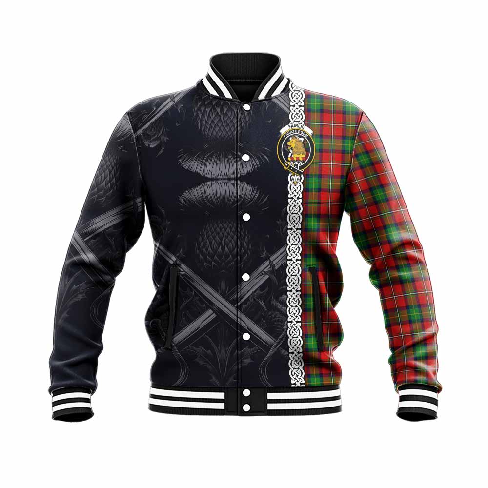 Tartan Vibes Clothing Fairlie Tartan Baseball Jacket with Family Crest Cross Sword Thistle Celtic Vibes