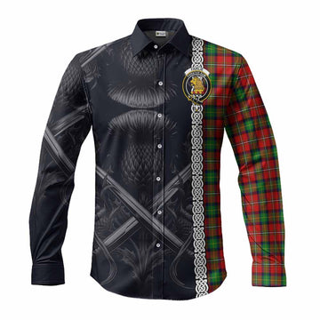 Fairlie Tartan Long Sleeve Button Shirt with Family Crest Cross Sword Thistle Celtic Vibes