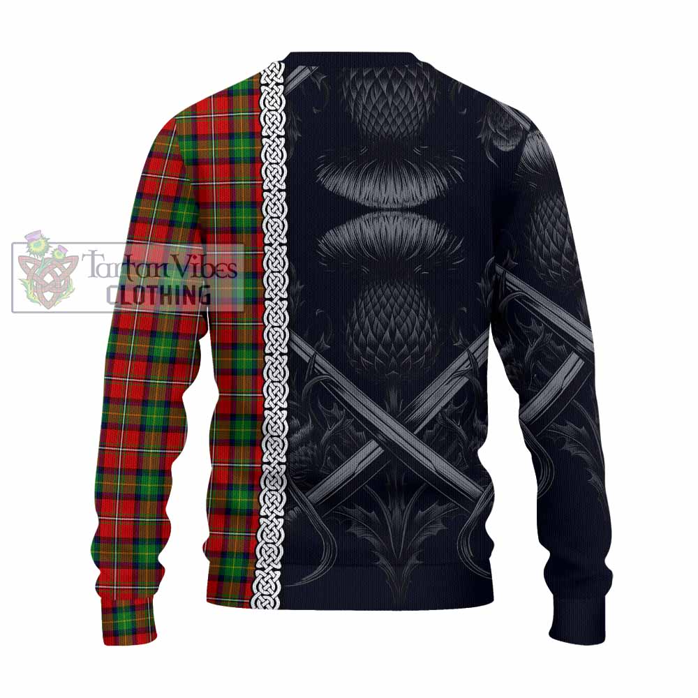 Tartan Vibes Clothing Fairlie Tartan Knitted Sweater with Family Crest Cross Sword Thistle Celtic Vibes