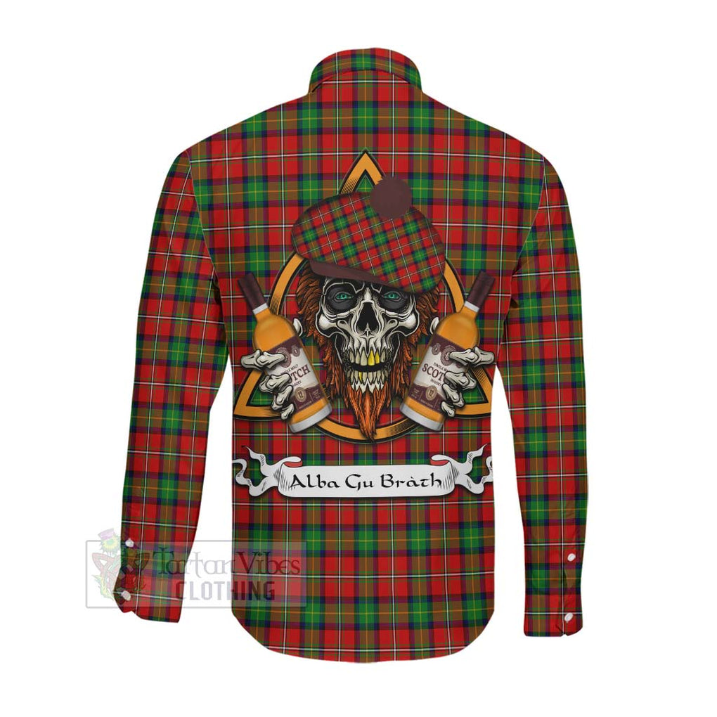 Tartan Vibes Clothing Fairlie Tartan Long Sleeve Button Shirt with Family Crest and Bearded Skull Holding Bottles of Whiskey