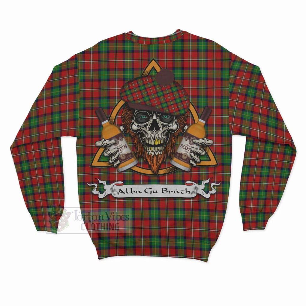 Tartan Vibes Clothing Fairlie Tartan Sweatshirt with Family Crest and Bearded Skull Holding Bottles of Whiskey