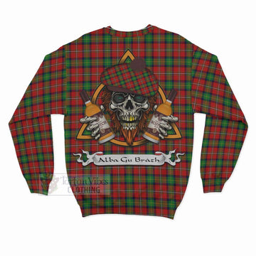 Fairlie Tartan Sweatshirt with Family Crest and Bearded Skull Holding Bottles of Whiskey