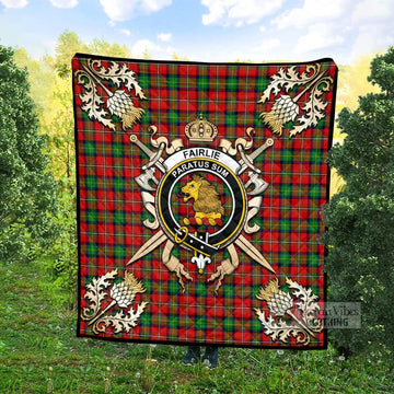 Fairlie Tartan Quilt with Family Crest and Golden Thistle Crossed Sword Design