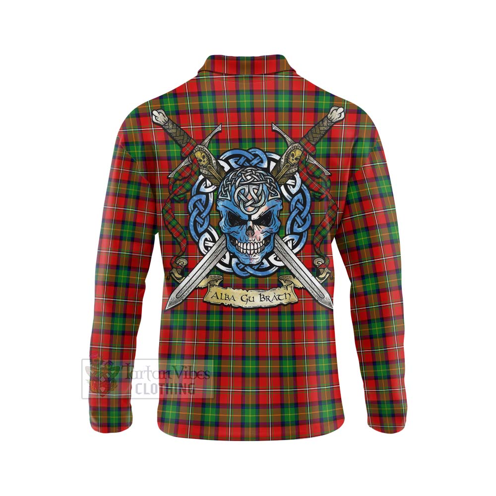 Tartan Vibes Clothing Fairlie Tartan Long Sleeve Polo Shirt with Family Crest Celtic Skull Style