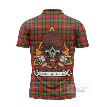 Fairlie Tartan Zipper Polo Shirt with Family Crest and Bearded Skull Holding Bottles of Whiskey