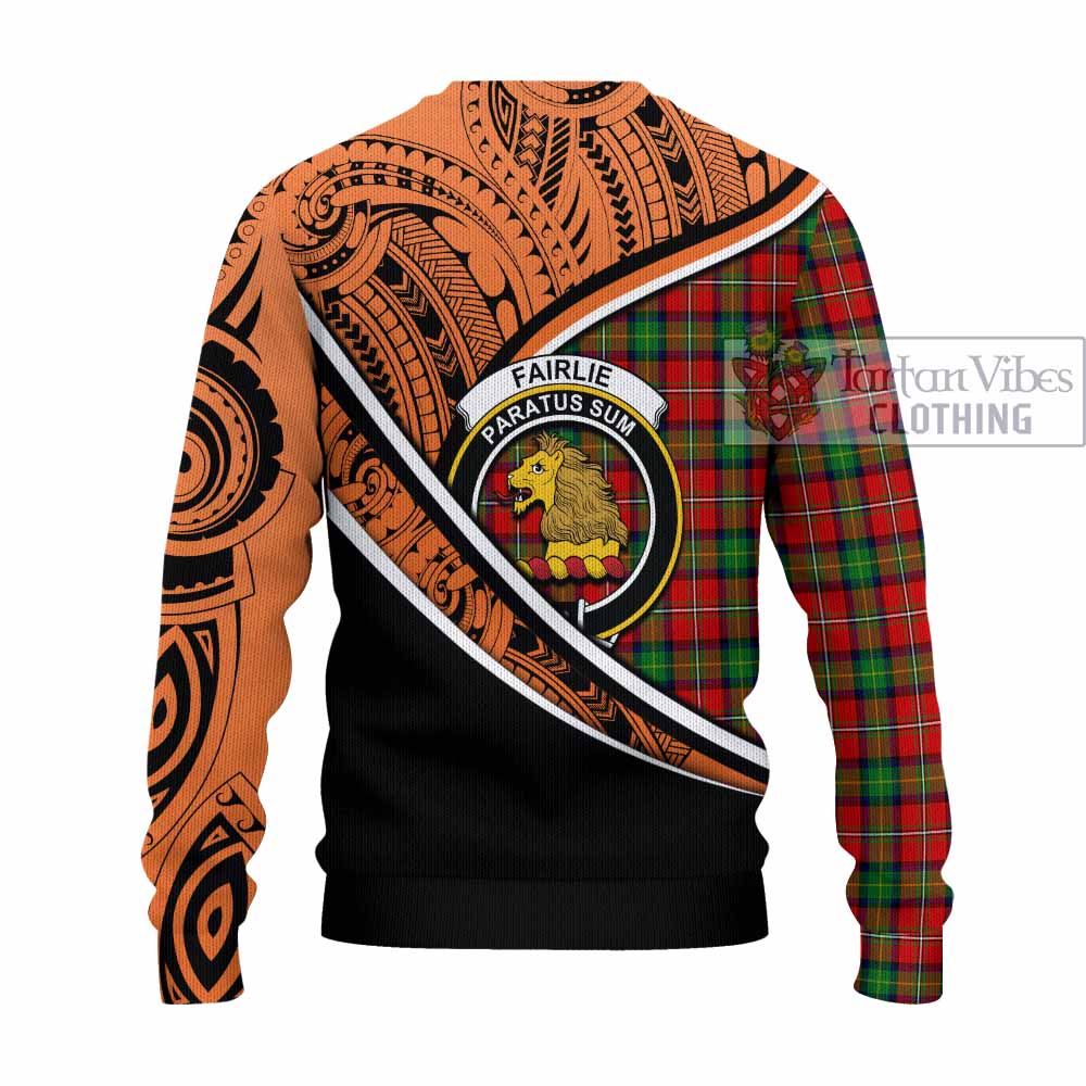 Tartan Vibes Clothing Fairlie Crest Tartan Knitted Sweater with Maori Tattoo Style - Orange Version